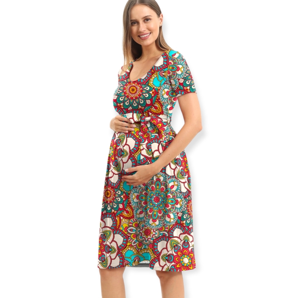 Mix Color Printed Swing Maternity Dress With Belt